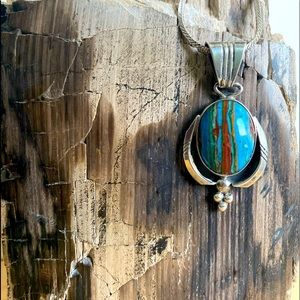 Native American Sterling Silver R.B. Stamped Rainbow Calistica Stone Pendant
